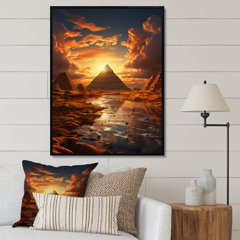 Pyramides dorées égyptiennes I - décoration murale Égypte, Cadre flottant noir, H 32 po x l 16 po x P 1 po