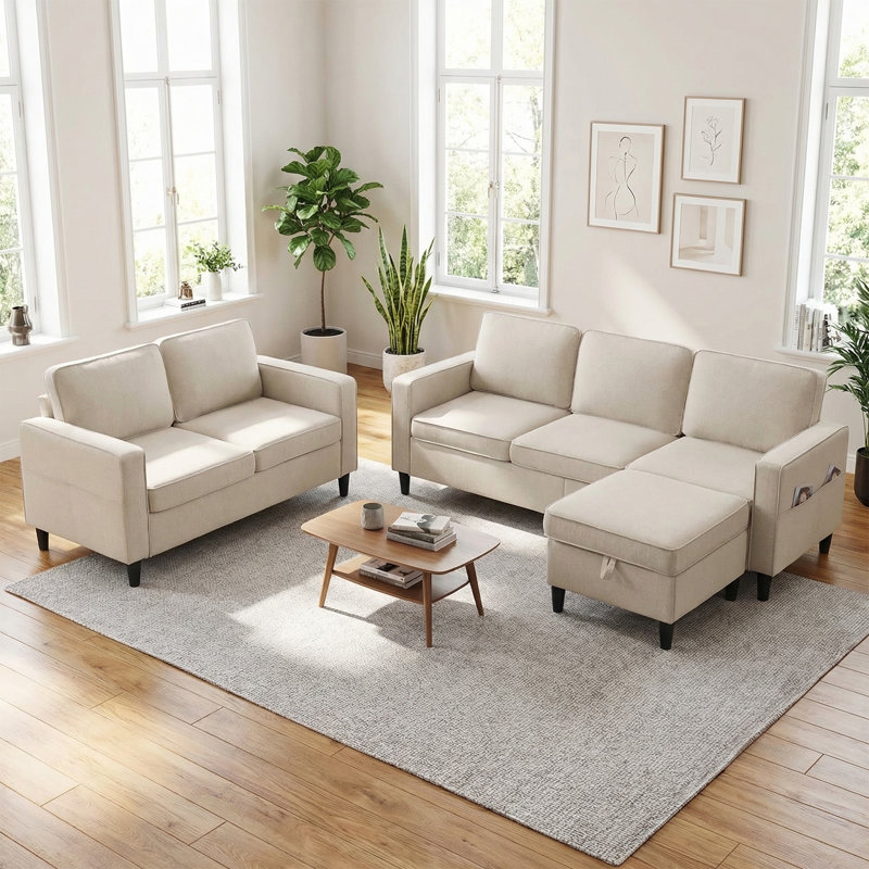 3-Piece Linen L-Shaped Set: 3-Seater Sofa, Loveseat with Ottoman & Side Pockets, Beige, Beige