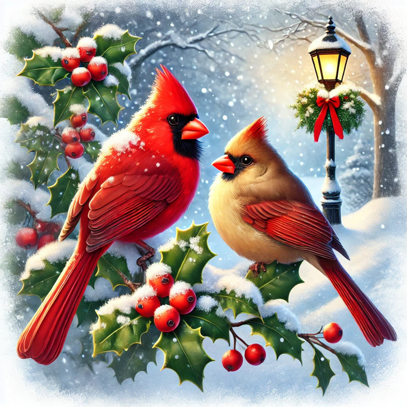 Holly Jolly Cardinals: Festive Winter Birds, reproduction d'art sur toile tendue, H 12 po x l 12 po x P 1 po
