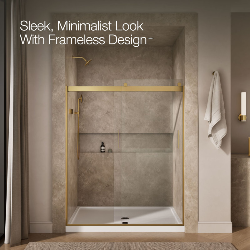 Levity 74" H x 59.63" W Bypass Shower Door with CleanCoat® Technology, Moderne Brass, Crystal Clear