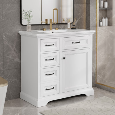 Meuble-lavabo sur pied 36 po avec lavabo en céramique, 4 tiroirs et 1 porte à fermeture en douceur, armoire de rangement autoportante avec poignées en métal, pré-percé pour robinet de 8 po, finition blanche