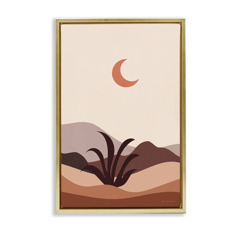 Toile flottante lune au-dessus d'une scène désertique par Omar Escalante, H 31 po x l 21 po, Cadre flottant métallique doré