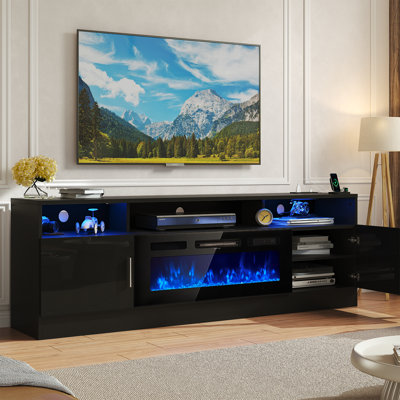 Meuble télé 70 po pour téléviseur de 80 po ou moins avec foyer électrique, prises de courant, lumières DEL et tablettes réglables