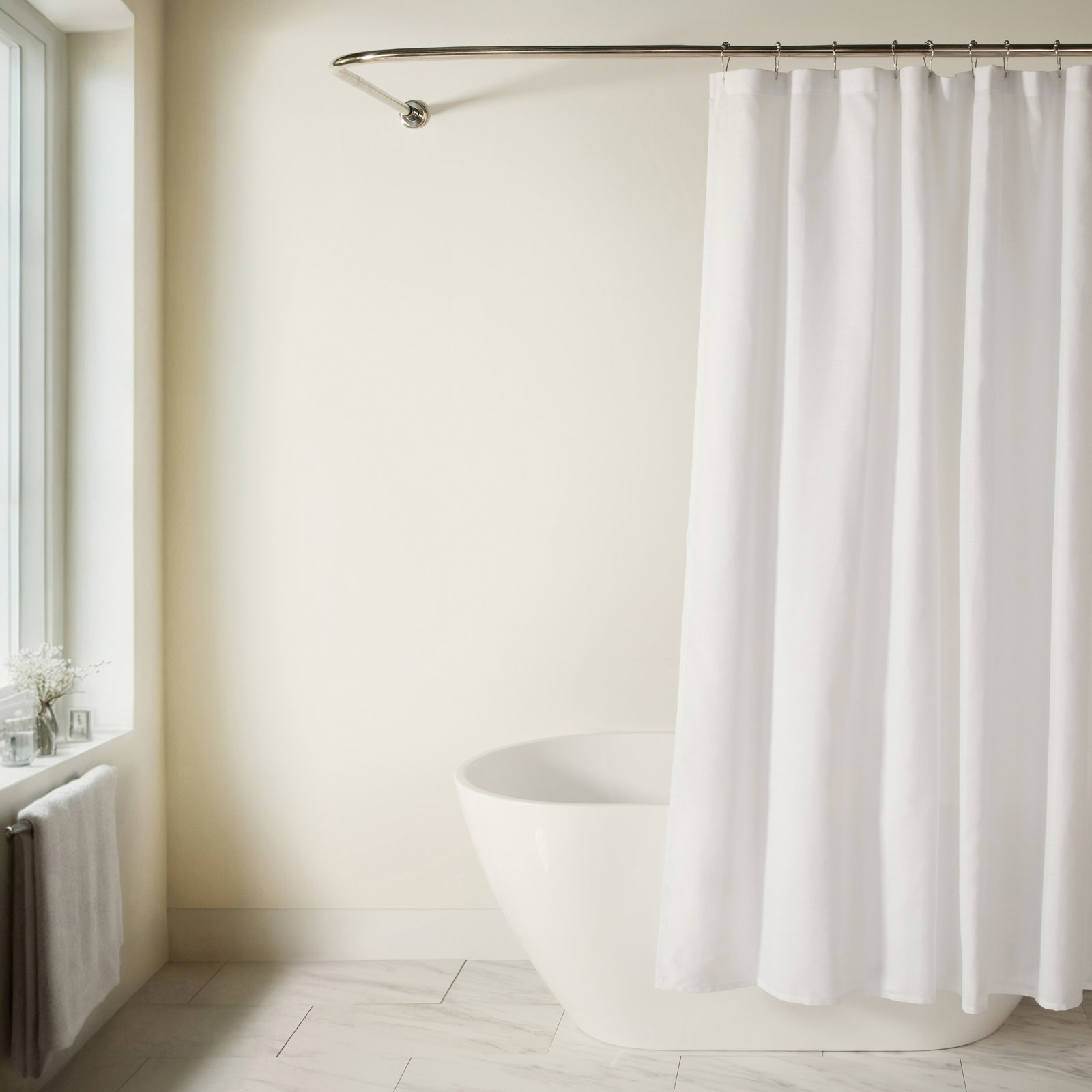 Linen-Look Textured Woven Shower Curtain, White