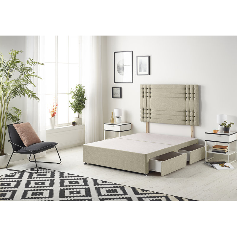 Dennishia Divan Bed Base with Headboard and Optional Drawers Linen Fabric, Wheat, Double (4'6), 2 Drawers