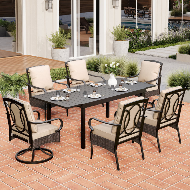 Sutiya 6 - Person Rectangular Extendable Outdoor Dining Set with 2 Swivel Chairs & Cushions
