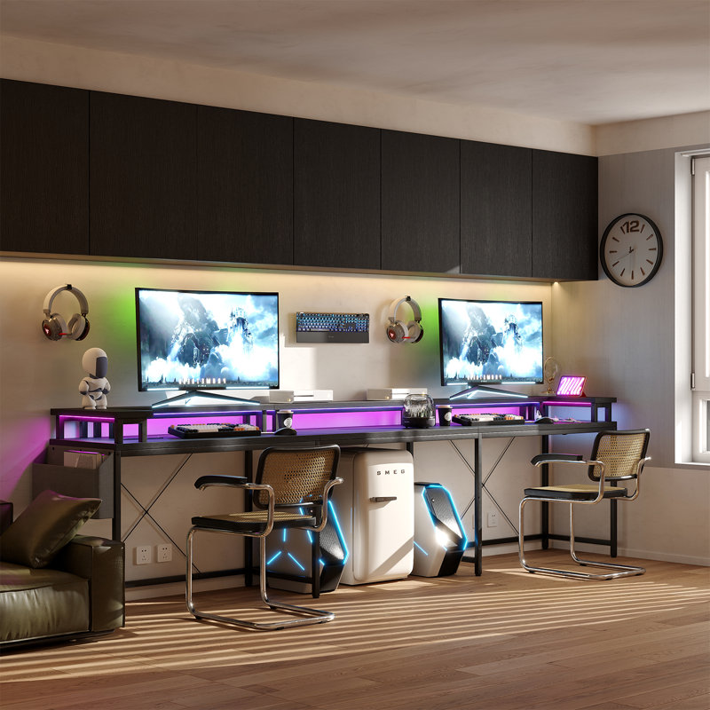 Gaming Desk, U-Shaped Computer Desk with LED Lights and Power Outlets, 126'' Reversible L-Shaped Large Gaming Desk with Monitor Stand, Corner Office Desk with Storage Bag and Hooks, Black