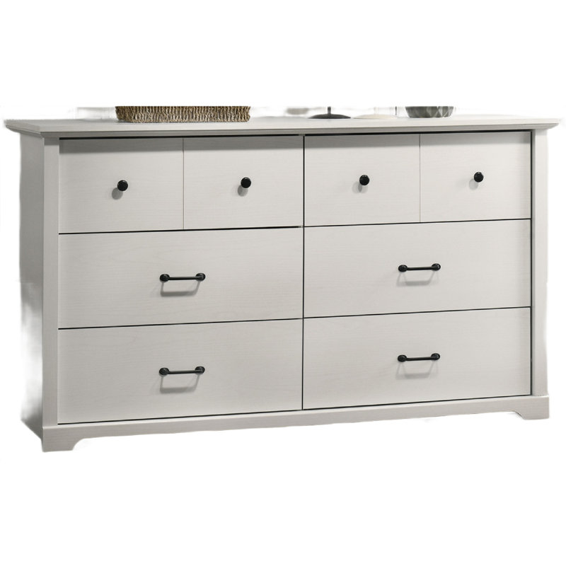Commode large 6 tiroirs avec poignées noires Lara, Blanc