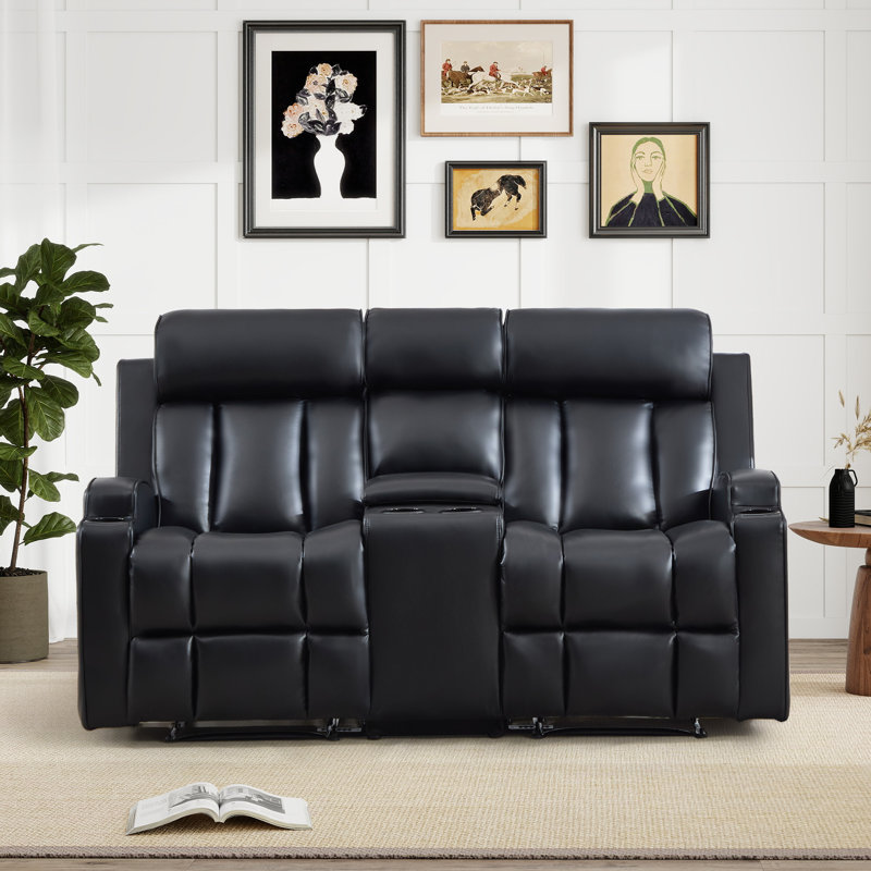 Causeuse inclinable manuelle en similicuir de 67,32 po de largeur avec porte-gobelets doubles et console centrale, Noir