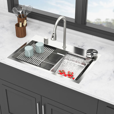 31.5 X 21 9.4 Inch Kitchen Sink With Waterfall Design, 16 Gauge T304 Stainless Steel, Pull - Down Faucet, Cup Wash, Dual Tier Ledge, Sound Proof, Easy Drainage, Dish Grid Drop In 31.5" Style, Rinser,