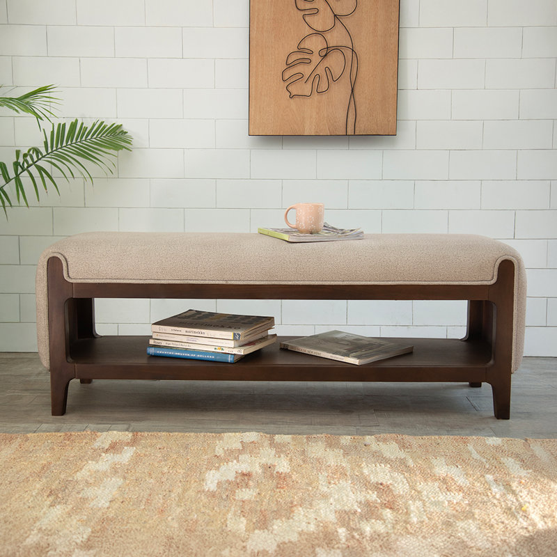 Noah Solid Wood Entryway Storage Bench with Upholstered Polyester Seat and Open Shelf, Walnut