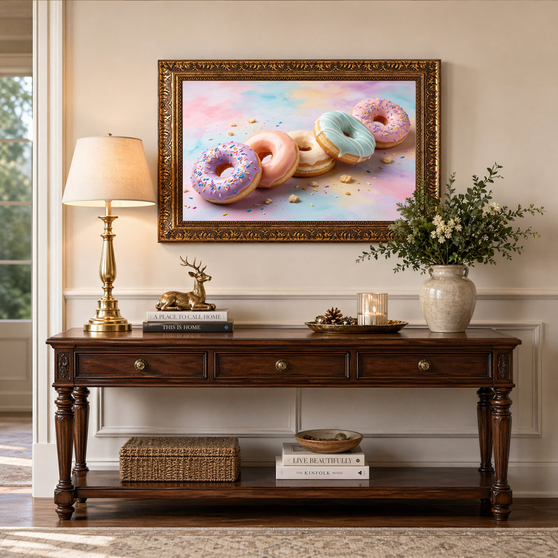 Toile assortie avec beignets glacés et paillettes sur fond pastel, H 24 po x l 36 po