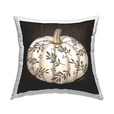 Conception de coussin décoratif rustique à motif de feuilles de citrouille blanches par Elizabeth Tyndall