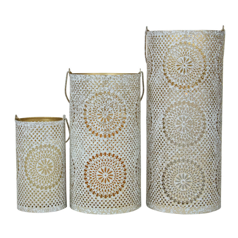 Set of 3 Decorative Floral Cut-Out Pillar Candle Lanterns 12.5", Distressed White/Gold