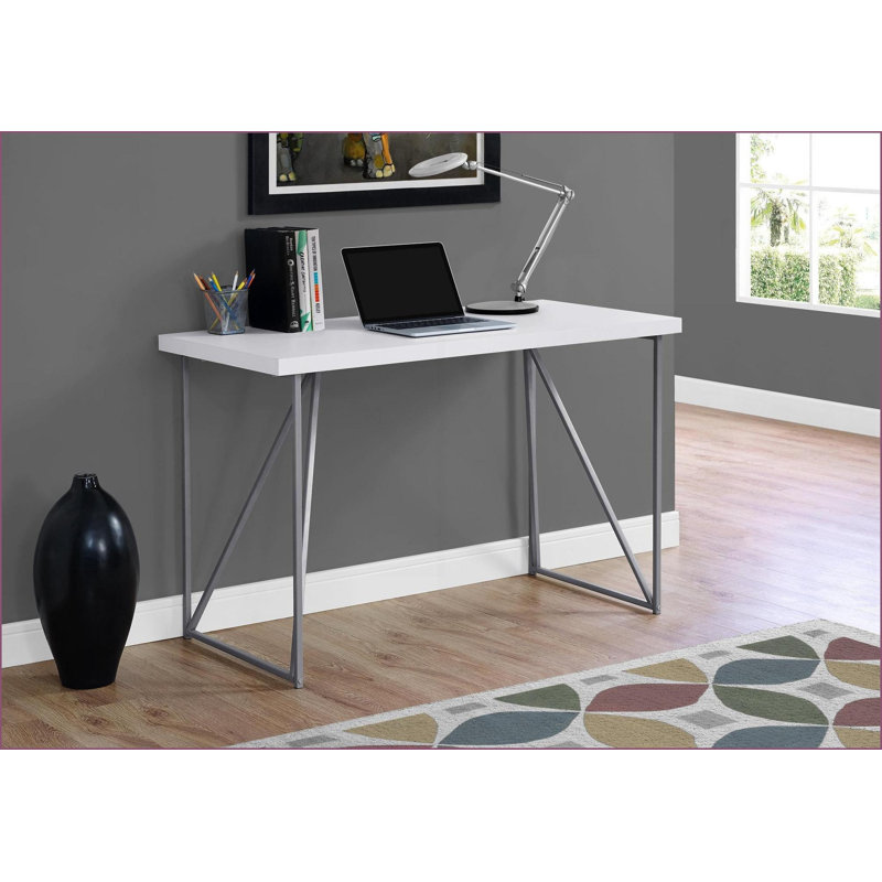 Bureaux, bureau à domicile de 48 po avec plateau en stratifié blanc Pieds gris en métal, compact moderne pour les petits espaces | Blanc | Métal