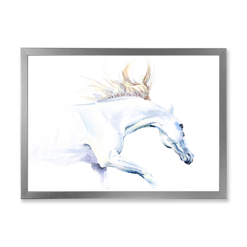 Cheval blanc - peinture sur toile, H 34 po x l 44 po, Cadre photo argenté