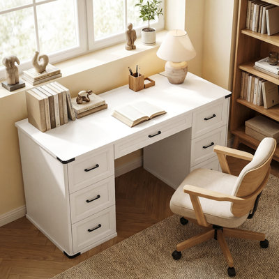 Bureau d'ordinateur 55 po avec 7 tiroirs, bureau d'ordinateur, blanc