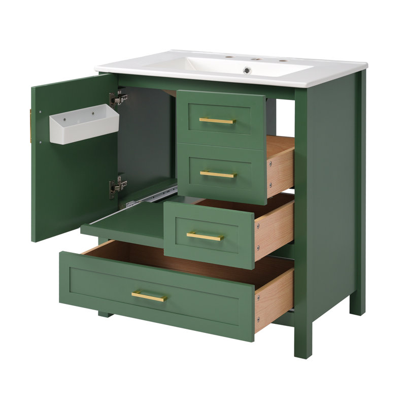 Ensemble de meuble-lavabo à cadre en bois massif 30 po avec lavabo simple avec 3 tiroirs et 1 porte, Vert