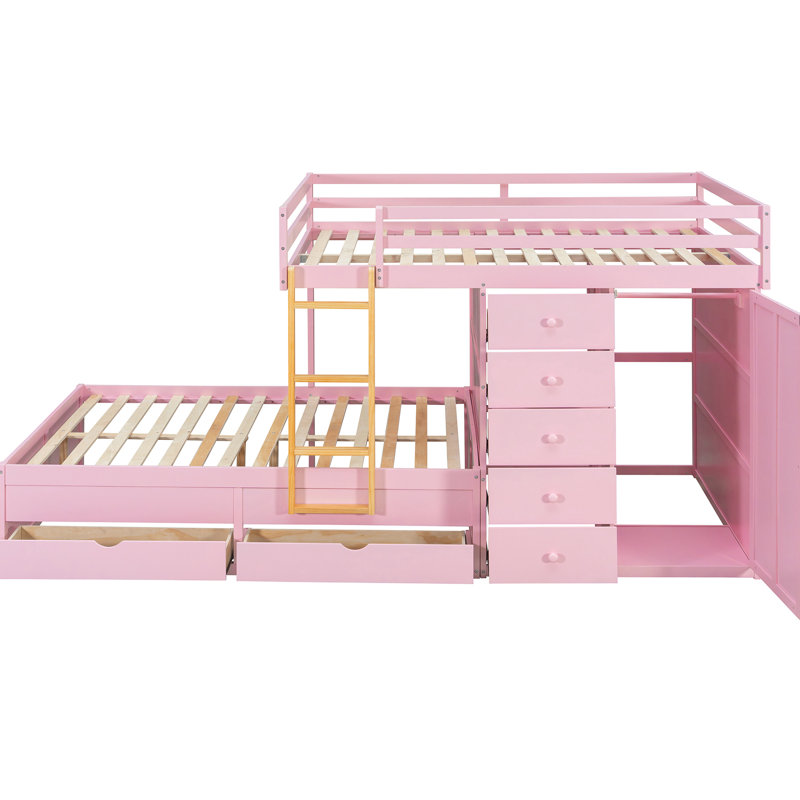 Lit superposé double rose avec 5 petits tiroirs, 2 grandes et mini garde-robes - Barrières de sécurité confortables pour les ados