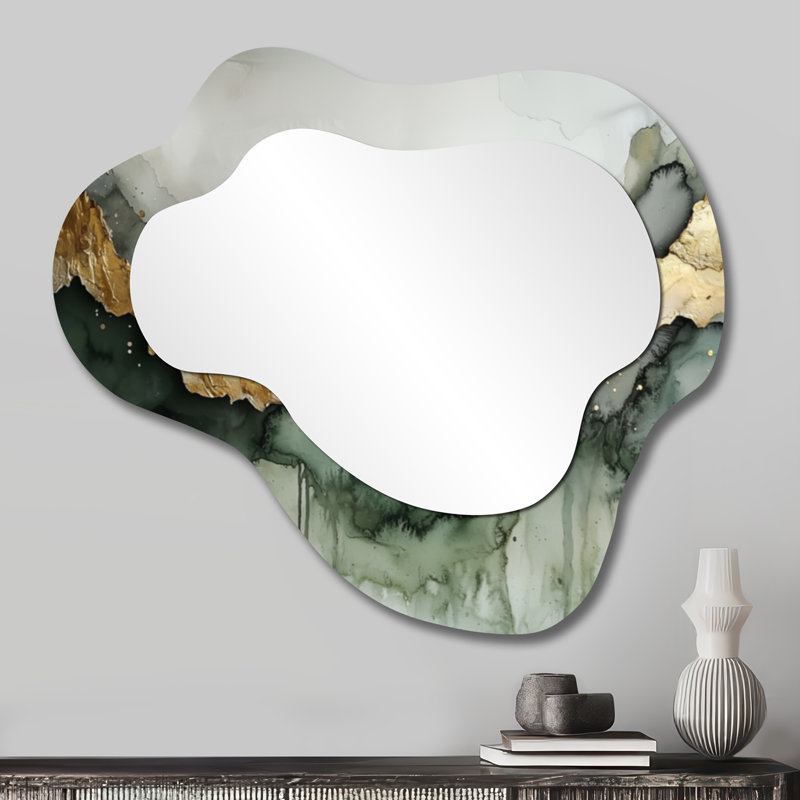 Ethereal Echo Of Emerald Calacatta Marble I - miroir mural asymétrique abstrait, miroir de coiffeuse moderne, imprimé sur métal