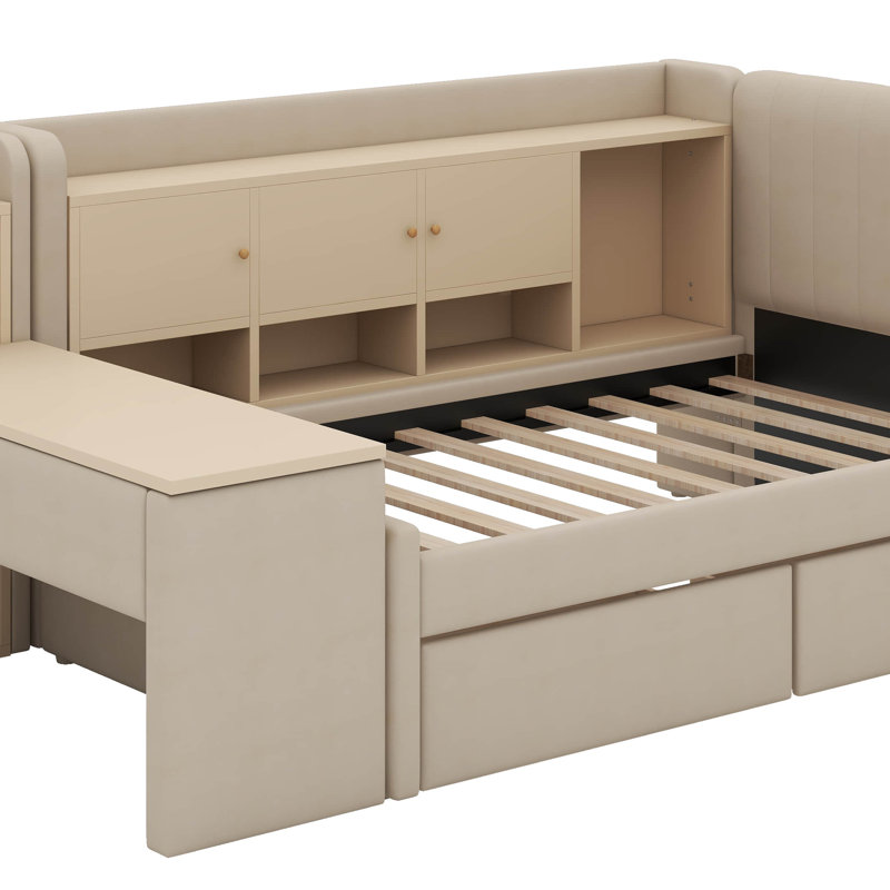 Lit de jour simple tapissier avec tiroirs, Beige
