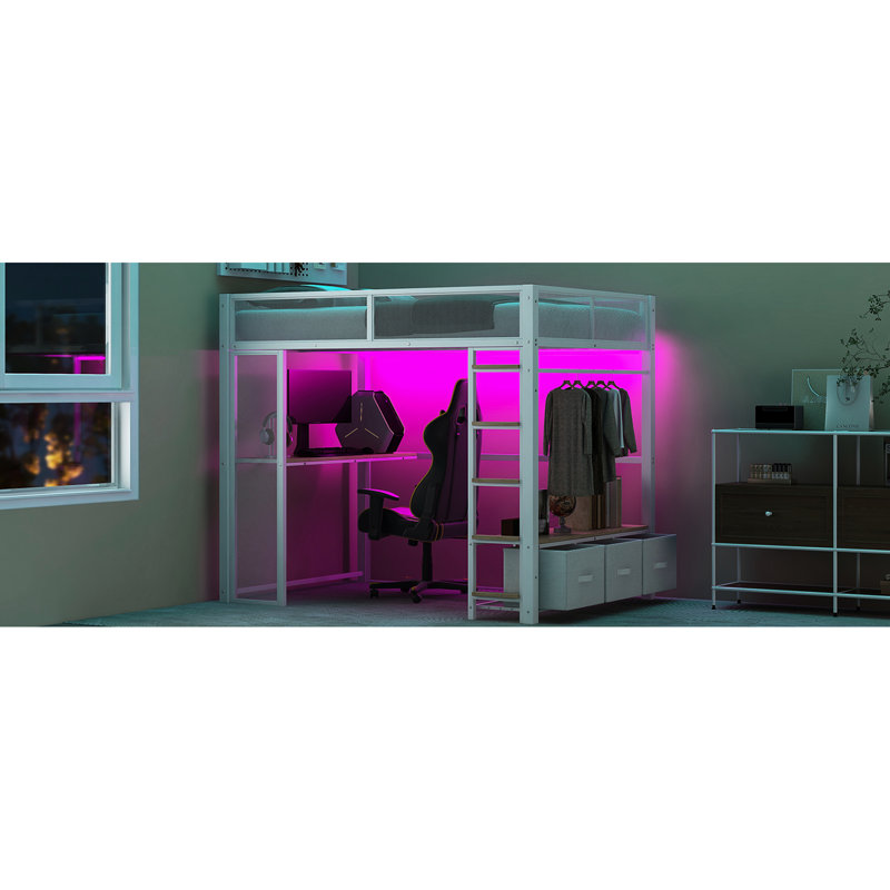 Lit mezzanine en métal blanc avec rangement à DEL, bureau et tiroirs de rangement, pleine grandeur