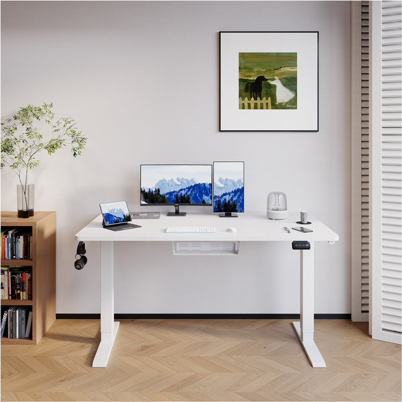 Electric T-Shape Height Adjustable Standing Desk, 140cm W x 60cm D, White