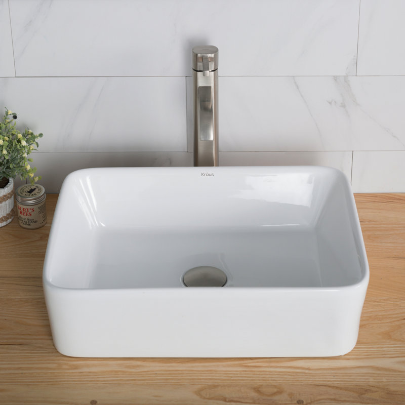 Ceramic Rectangular Vessel Bathroom Sink with Faucet, Satin Nickel