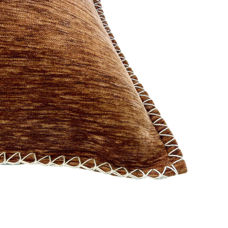 2-Pack Rust Brown Textured Velvet Throw Pillows, Contrast Stitched Edge Decor Cushions