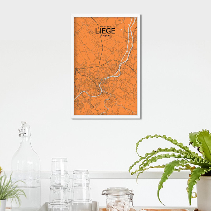 «Liege City Map», impression, H 17 po x l 11 po, Orange / gris