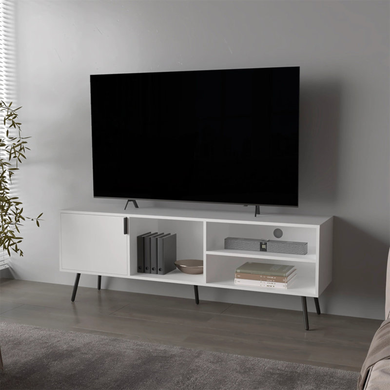 Meuble télé avec rangement et porte ouverte, White