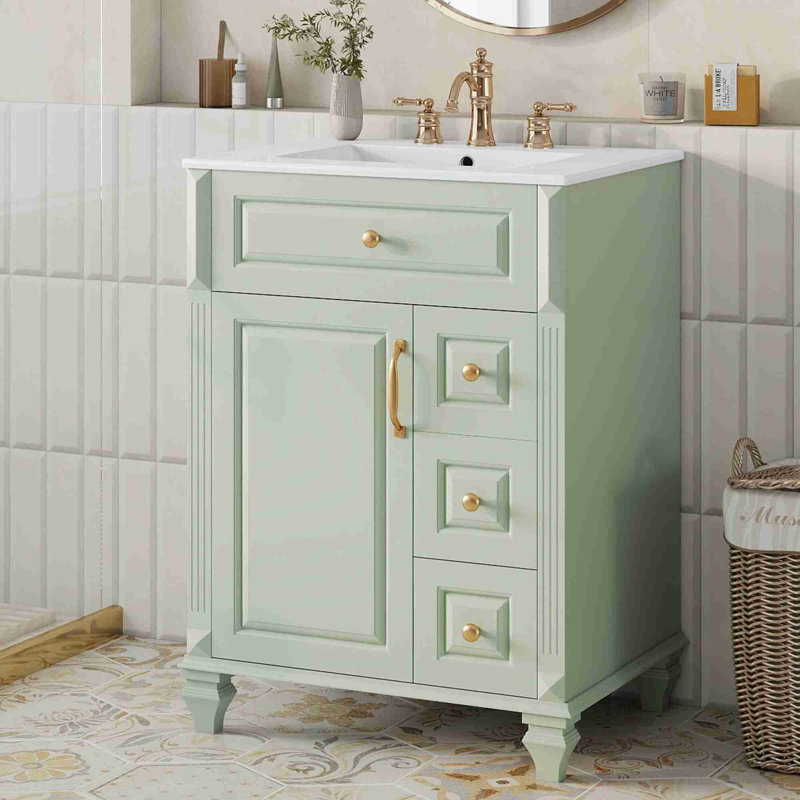 Meuble-lavabo de salle de bain avec lavabo, Vert, Doré, 24"