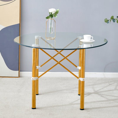 Élégante table ronde en verre transparent - Verre trempé rond transparent de 42 pouces de diamètre avec pieds en métal doré. Pieds télescopiques en métal, plateau de table circulaire en verre transparent, raccord à ventouse.