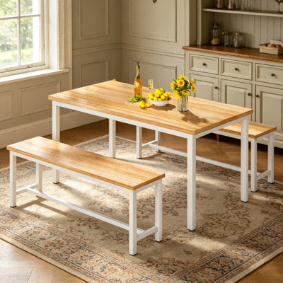 Ensemble de table de salle à manger 3 pièces de style campagnard avec 2 bancs assortis, table de salle à manger rectangulaire en bois avec structure en métal et petit coin-repas