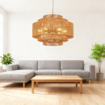 Hand-Woven Rattan Chandelier With 6 Lights, Large 5-Tier Bohemian Wicker Pendant Fixture For Farmhouse Living Room, Dining Room, Bedroom Or Stairway