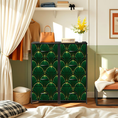 Dresser for Bedroom with 4 Storage Drawers Seamless golden elements deep green Art style geometry Dressers Chest of Drawers Steel Framed Fabric Closet Organizers for Dorm Entryway
