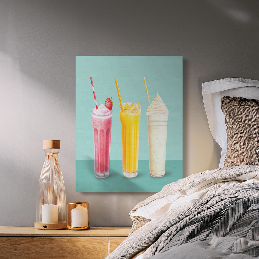 Sweet Drinks Canvas Wall Art, Strawberry Milkshake Orange Juice Vanilla Shake, Modern Kitchen Decor Canvas, Ready to Hang, Archival Quality