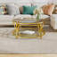 Table basse ronde avec plateau en verre trempé, structure en métal géométrique et tablette inférieure-570171079-570171129