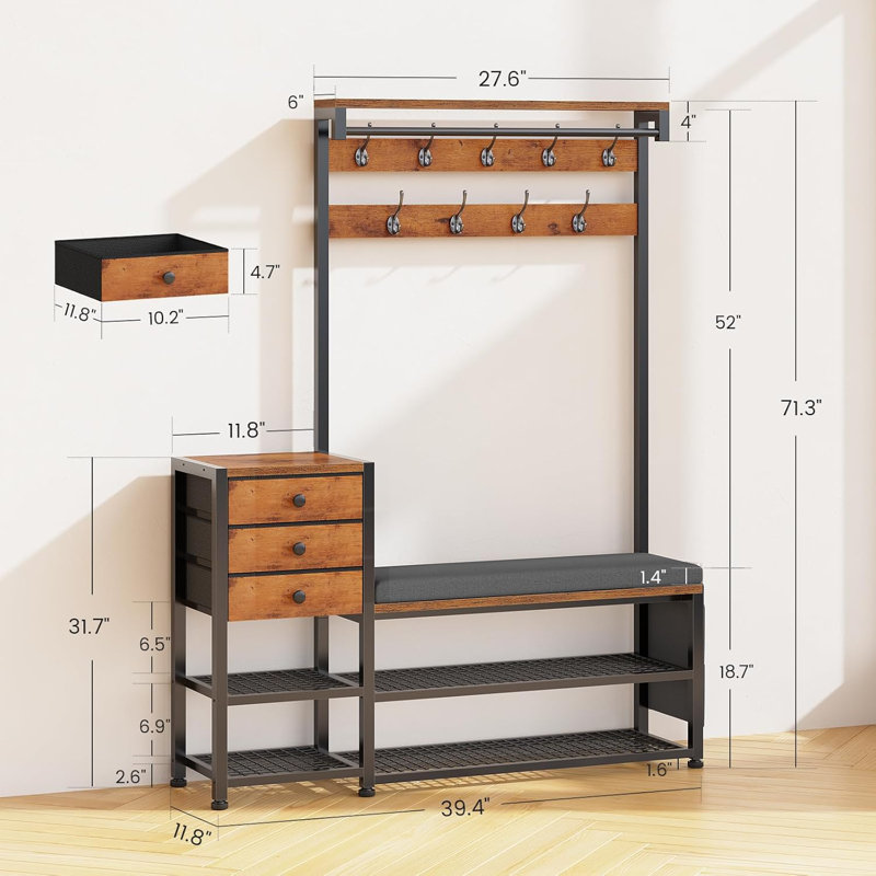 Arbre d'entrée avec banc et rangement pour chaussures, banc d'entrée 7 en 1 avec portemanteau, arbre d'entrée avec banc de rangement, tringle et 9 crochets