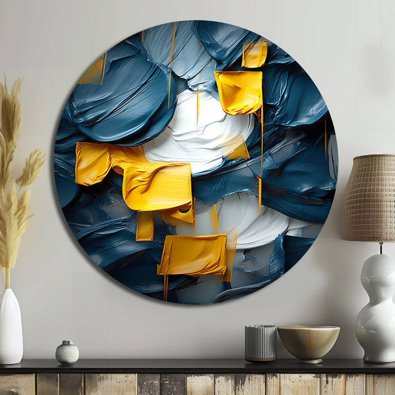 Spring Bliss abstrait turquoise et jaune I - Art abstrait rond en métal, H 29 po x l 29 po