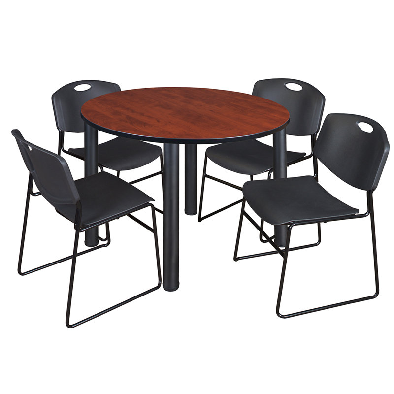 Plateau de table Niaya, 4 chaises empilables, Noir, Cerisier