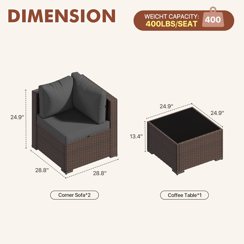 3 -Person Rattan Patio Safo With Cushions, Brown, Gray