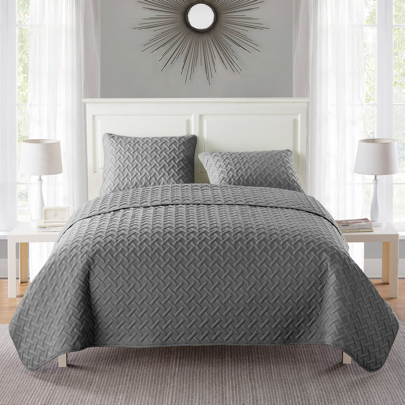 Ensemble de courtepointe à tissage de panier Nina, Gris, Couvre-lit très grand et 2 taies décoratives