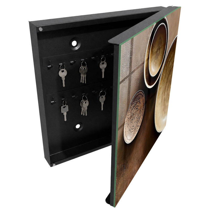 Key cabinet for wall, Opens to the right, 30x30x5, Black, Three brown bowls on a textured background, 