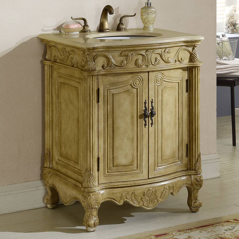 27'' Single Bathroom Vanity with Top, Antique White, Cream Marble