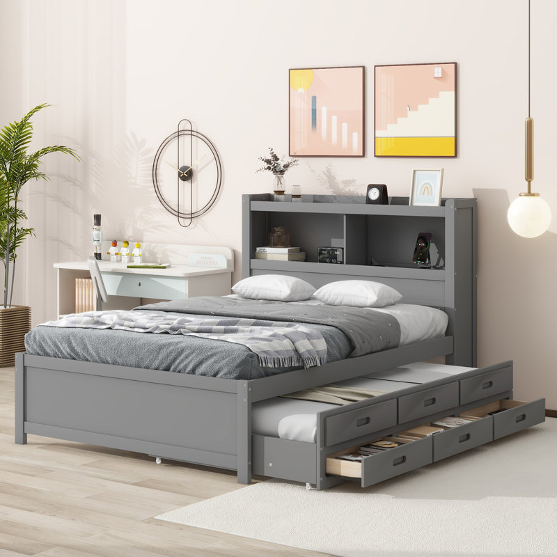 Grand lit plateforme avec lit gigogne, tiroirs et prises USB, Gris