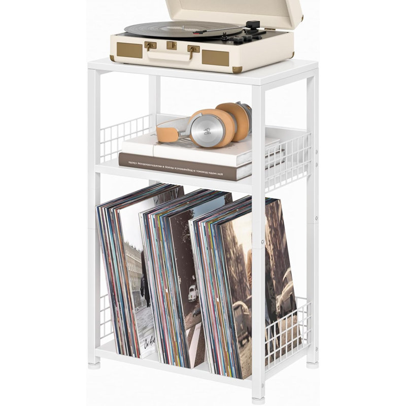 Table d'appoint blanche avec rangement, petit support d'imprimante pour petits espaces, support pour tourne-disque avec rangement en vinyle, tables de chevet pour le salon et la chambre à coucher