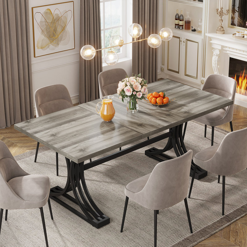 Dining Table, Rectangular, Metal Base, 63 Inch, Gray, Black
