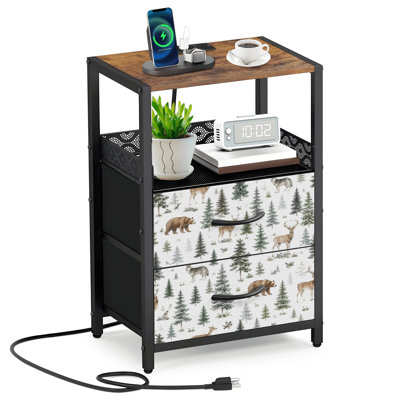 Table de chevet 2 tiroirs en tissu avec station de charge