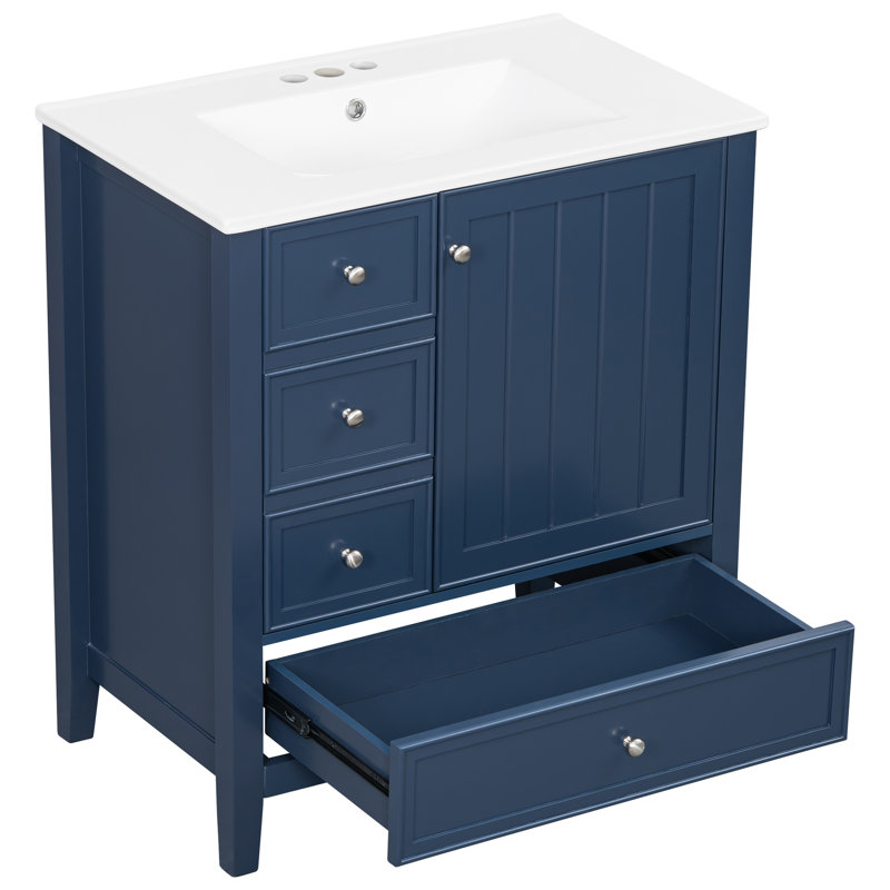 Dans un meuble-lavabo bleu (doit inclure le meuble-lavabo et le lavabo)